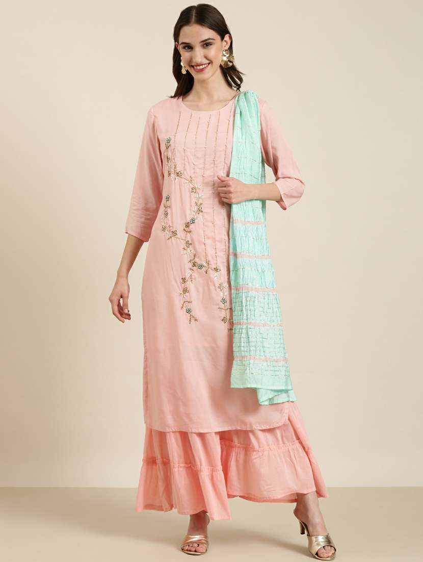 women embroidered kurta sharara set with dupatta