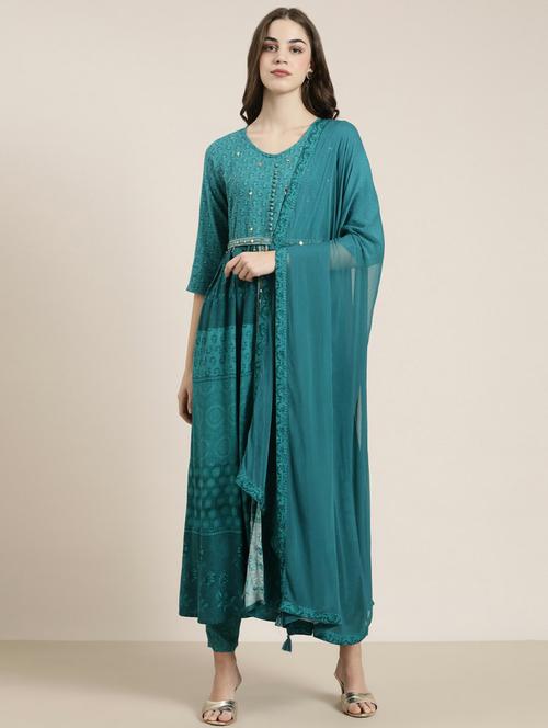 women teal printed kurta pant set with dupatta - 20251265 - Standard Image - 0