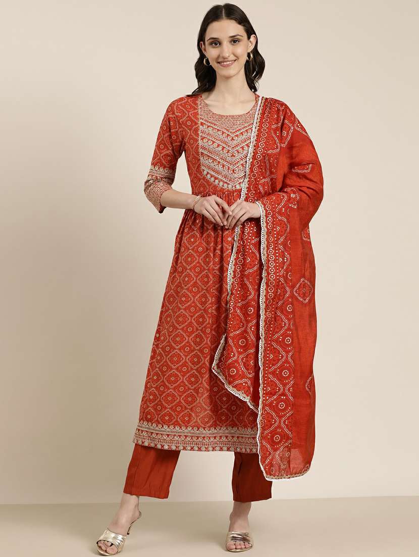 women bandhani printed kurta pant set with dupatta