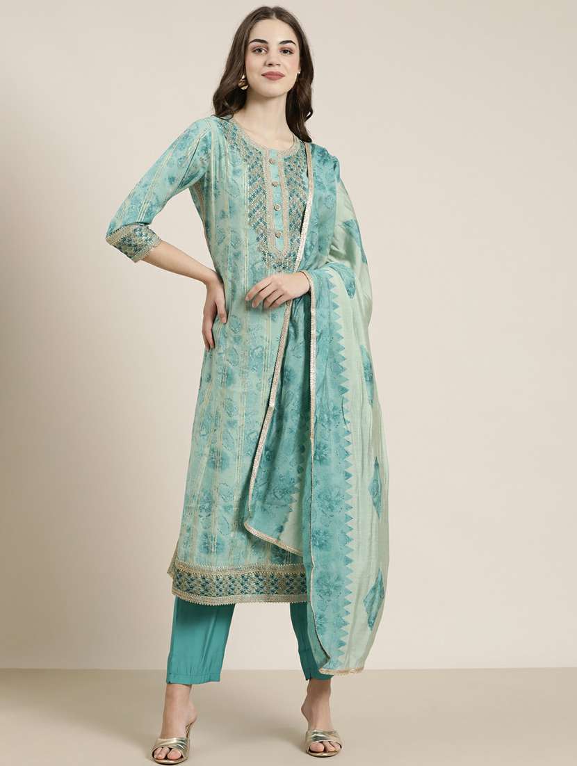 women's green kurta pant set with dupatta