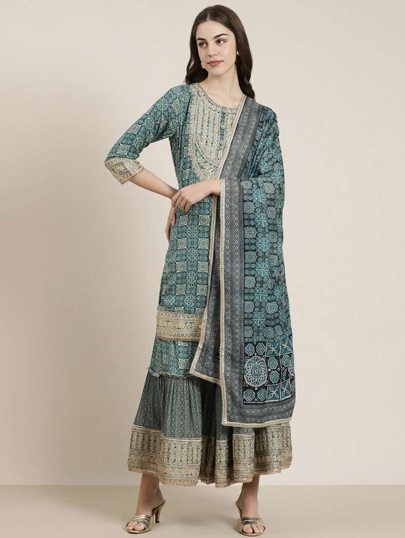 women printed kurta sharara set with dupatta