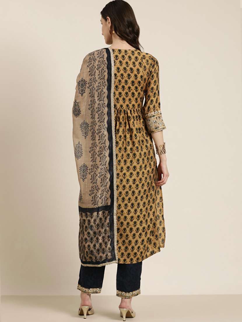 women khaki block print kurta pant set with dupatta - 20251304 -  Standard Image - 2