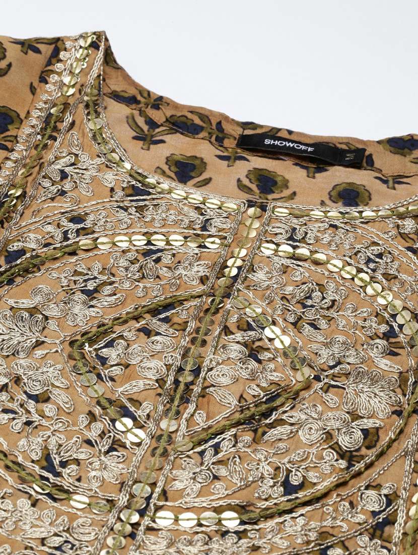 women khaki block print kurta pant set with dupatta - 20251304 -  Standard Image - 7