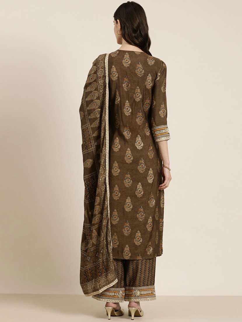 women brown printed kurta palazzo set with dupatta - 20251305 -  Standard Image - 2