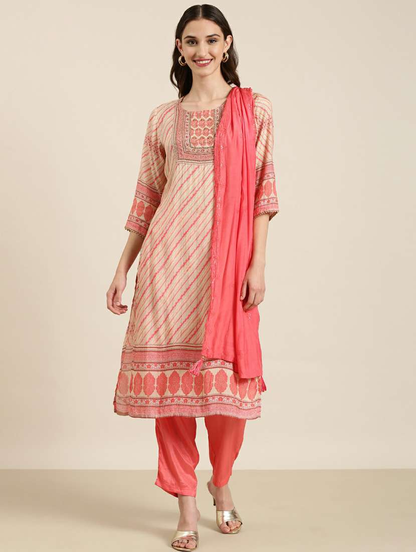 women leheriya round neck kurta pant set with dupatta