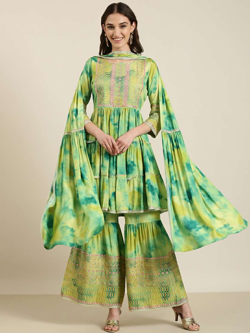 women tie & dye kurta sharara set with dupatta