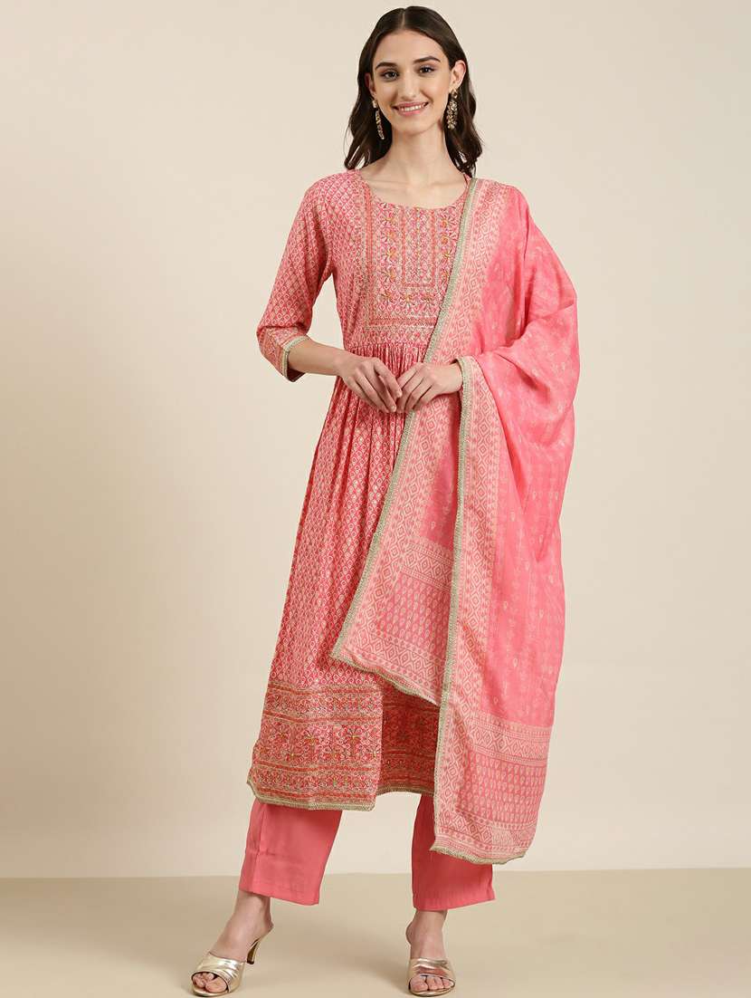 women floral round neck kurta pant set with dupatta