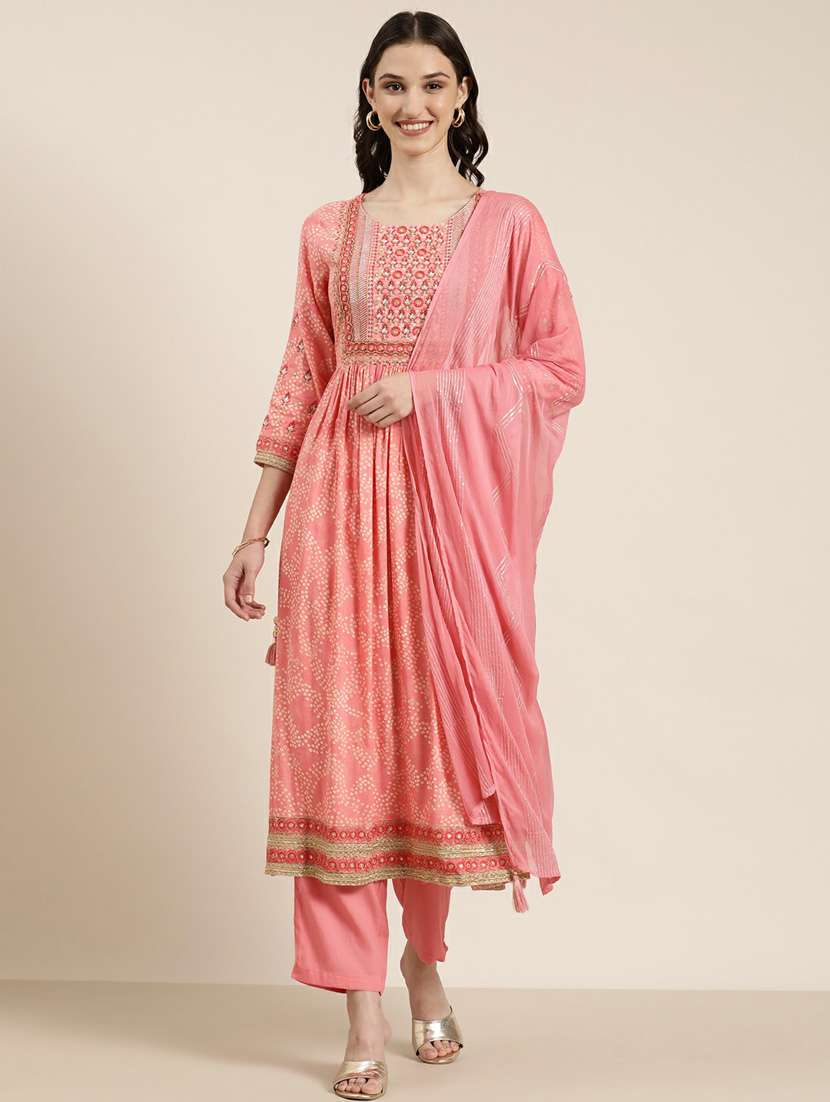 women printed round neck kurta pant set with dupatta