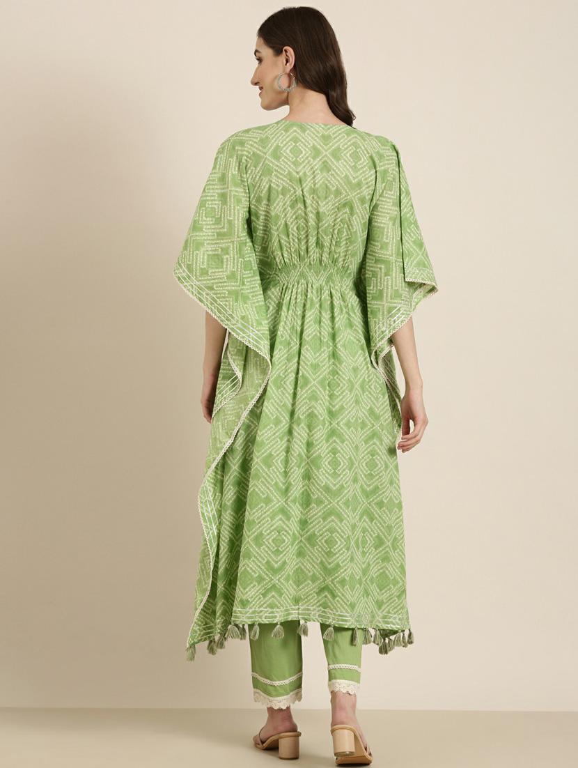 women green printed tie-up neck kaftan set - 20251398 - Standard Image - 2
