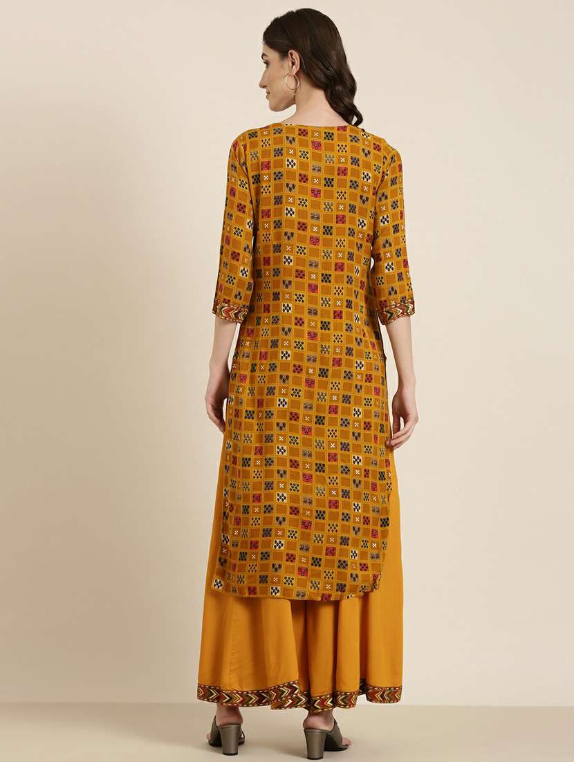 women mustard printed round neck kurta palazzo set - 20251401 -  Standard Image - 2