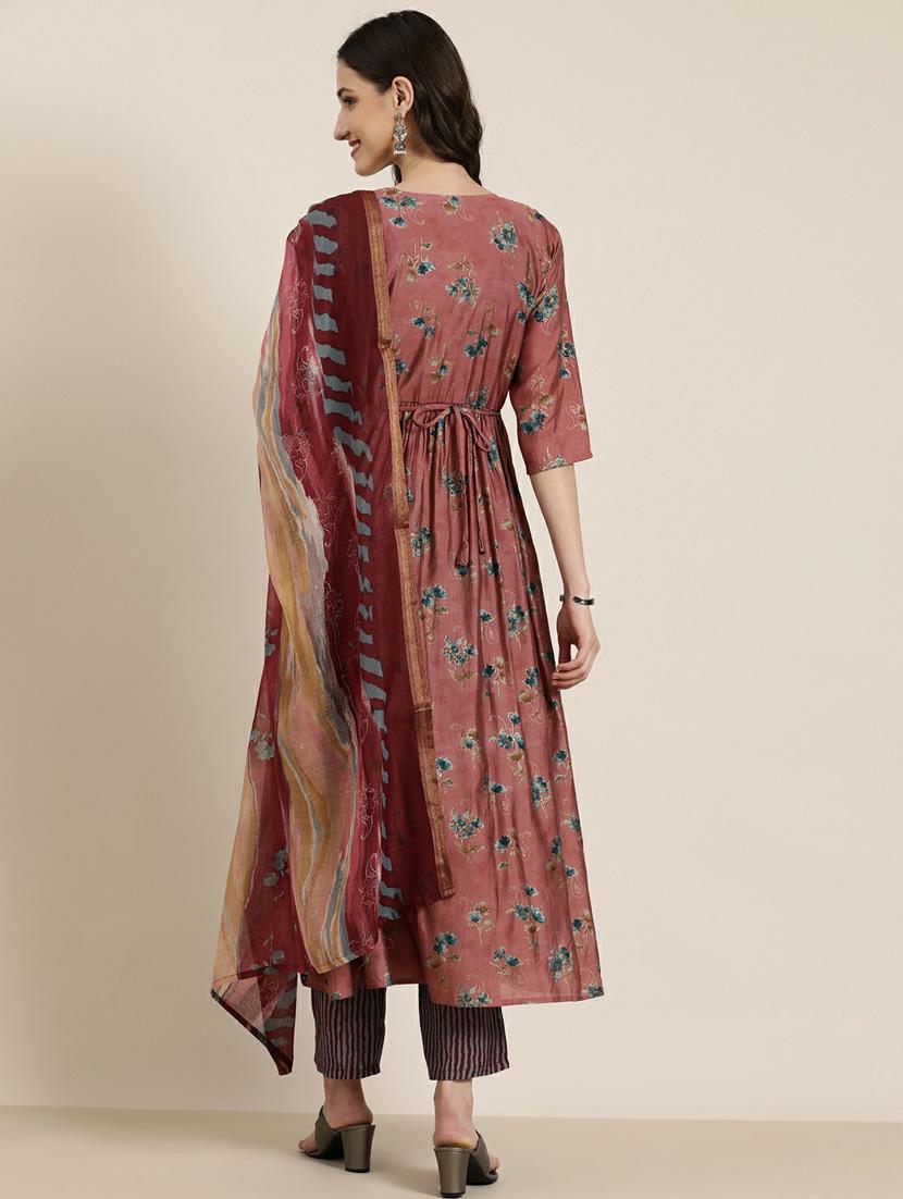 women three quarter sleeve anarkali kurta pant with dupatta set - 20251414 - Standard Image - 2