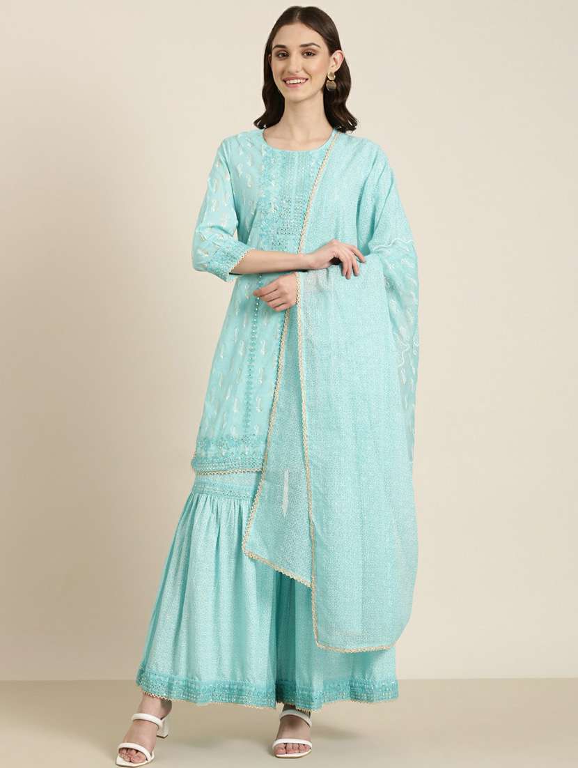women embroidered kurta sharara set with dupatta