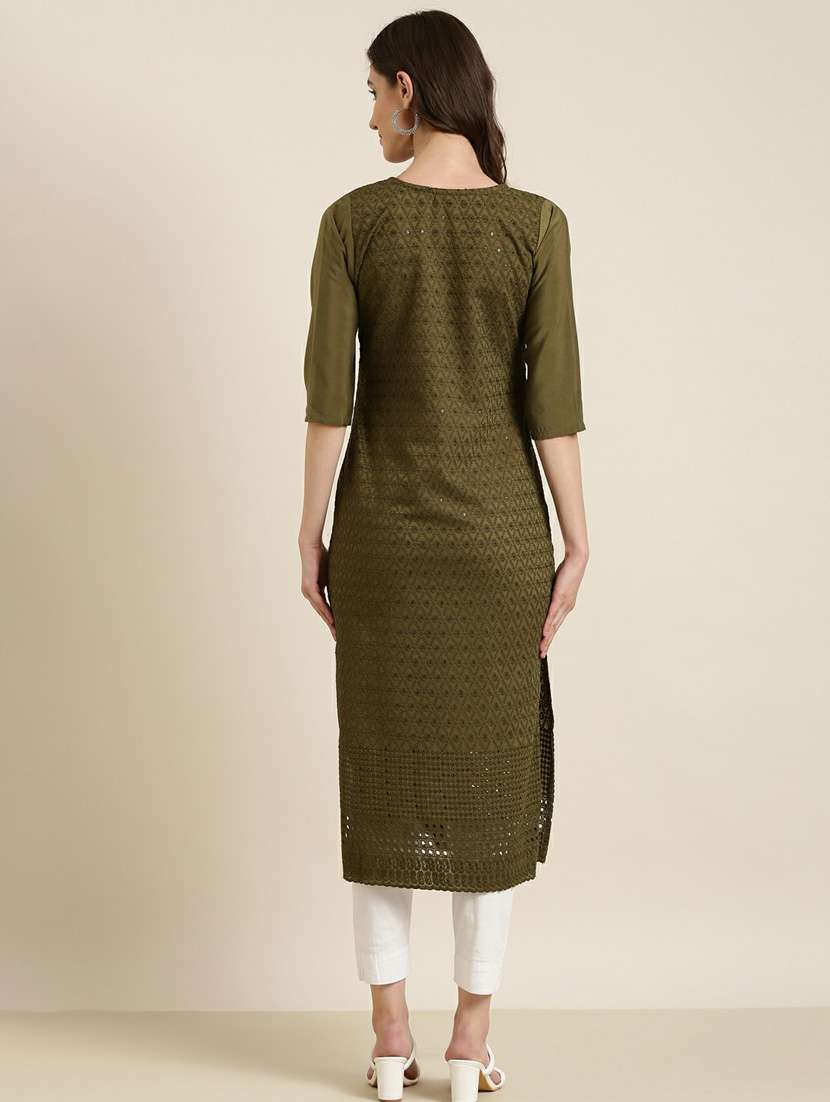 olive embroidered cotton straight kurta - 20252224 -  Standard Image - 2