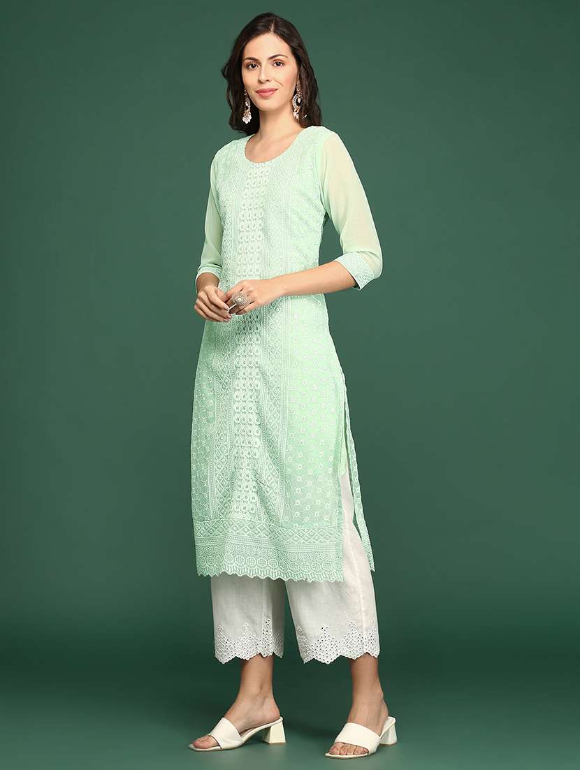 green embroidered georgette straight kurta - 20252225 -  Standard Image - 2