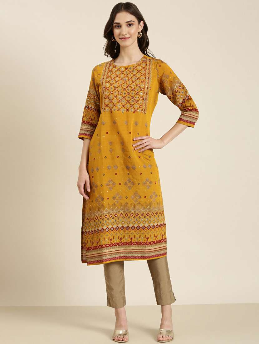 mustard yoke embroidered straight kurta