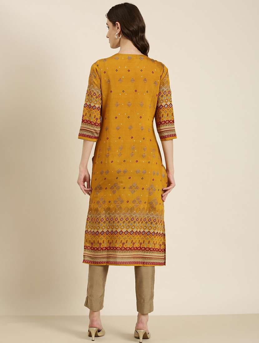 mustard yoke embroidered straight kurta - 20252226 -  Standard Image - 2