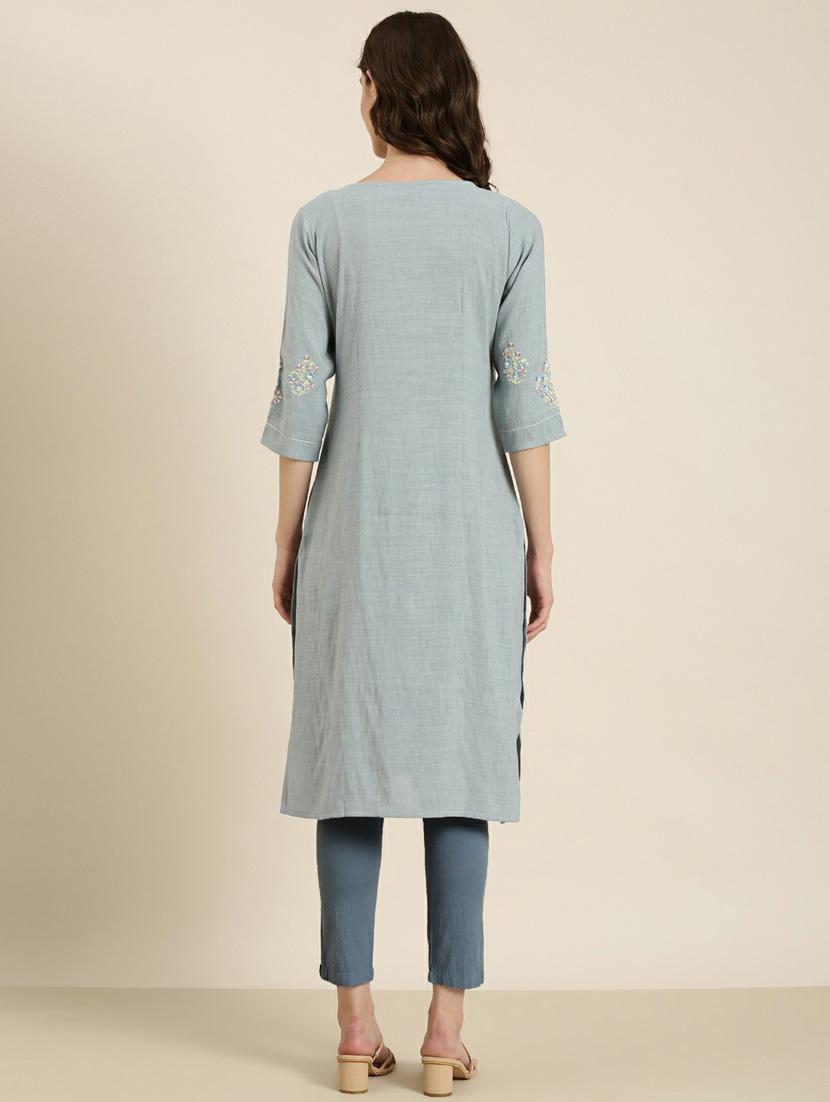 women's grey round neck straight kurta - 20252229 - Standard Image - 2