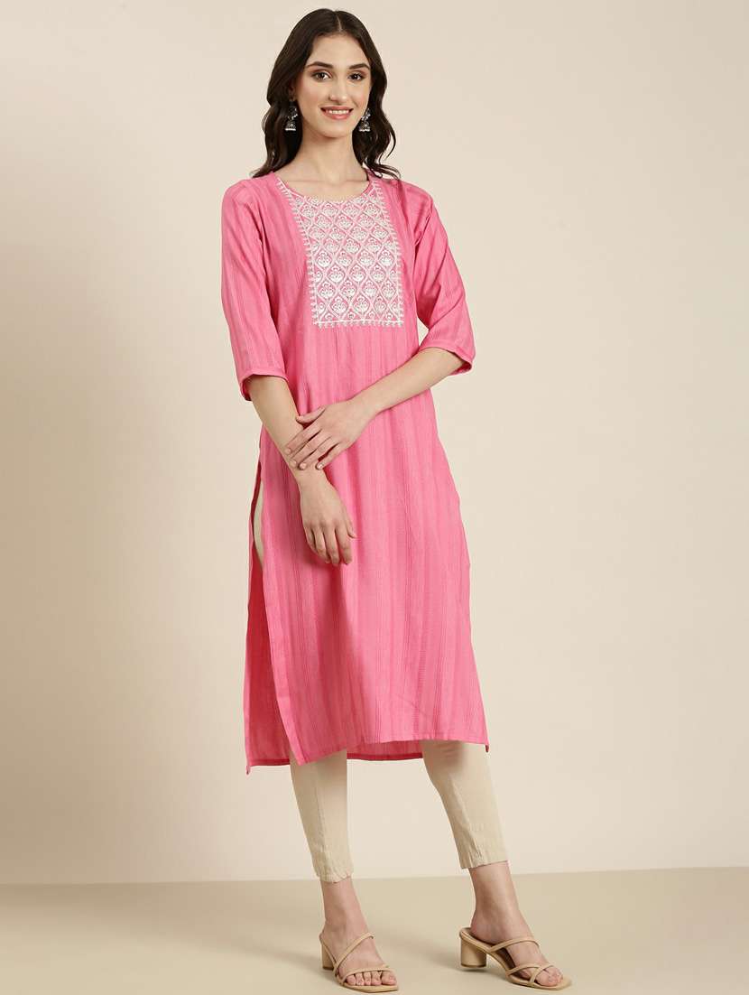 women's pink round neck straight kurta