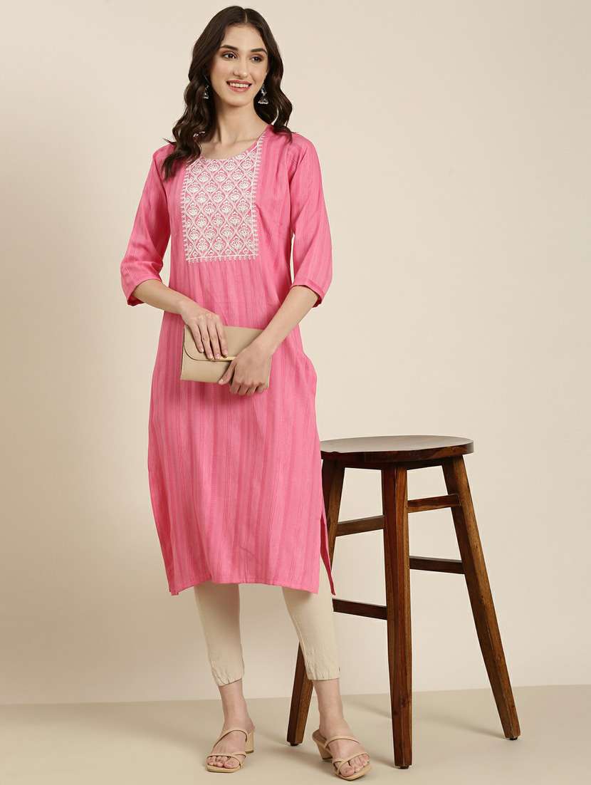 women's pink round neck straight kurta - 20252234 -  Standard Image - 2