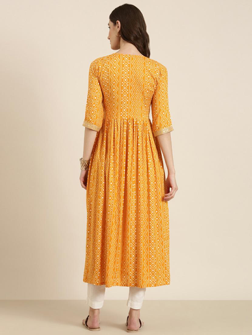 women's mustard round neck anarkali kurta - 20252236 - Standard Image - 2