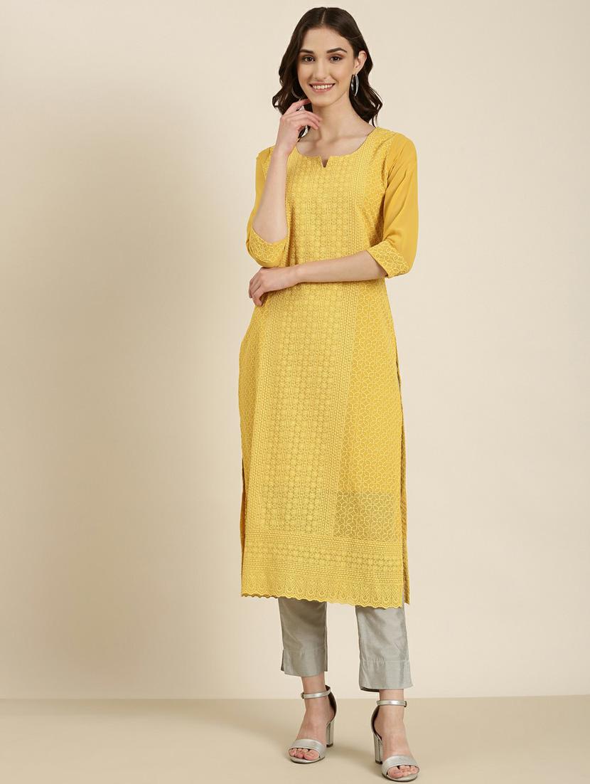 mustard cotton straight kurta - 20252239 - Zoom Image - 0