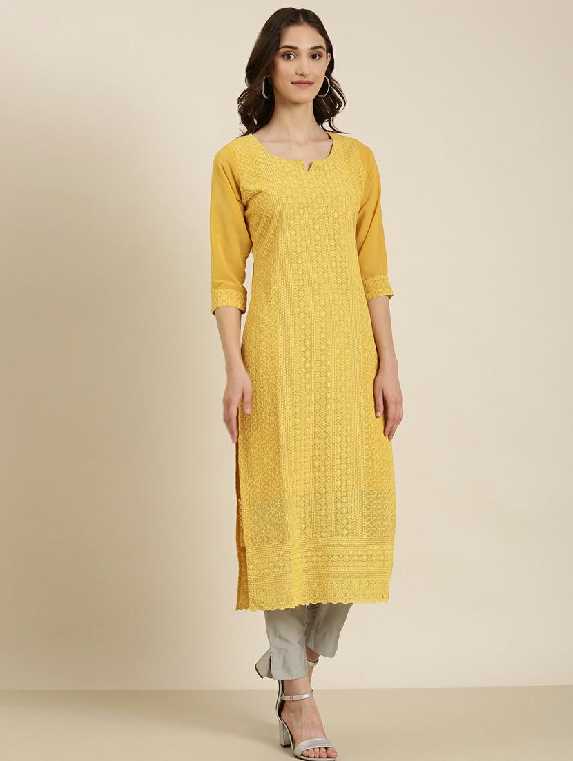 mustard cotton straight kurta - 20252239 - Standard Image - 2
