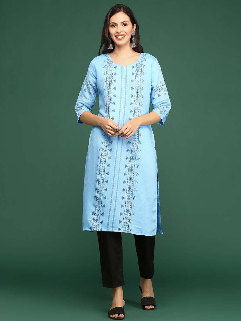women's light blue round neck straight kurta
