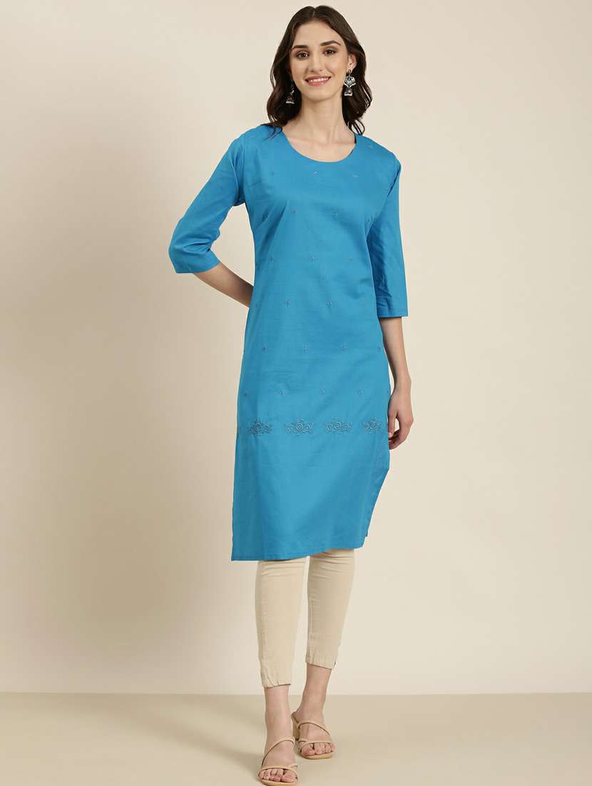 women's light blue round neck straight kurta