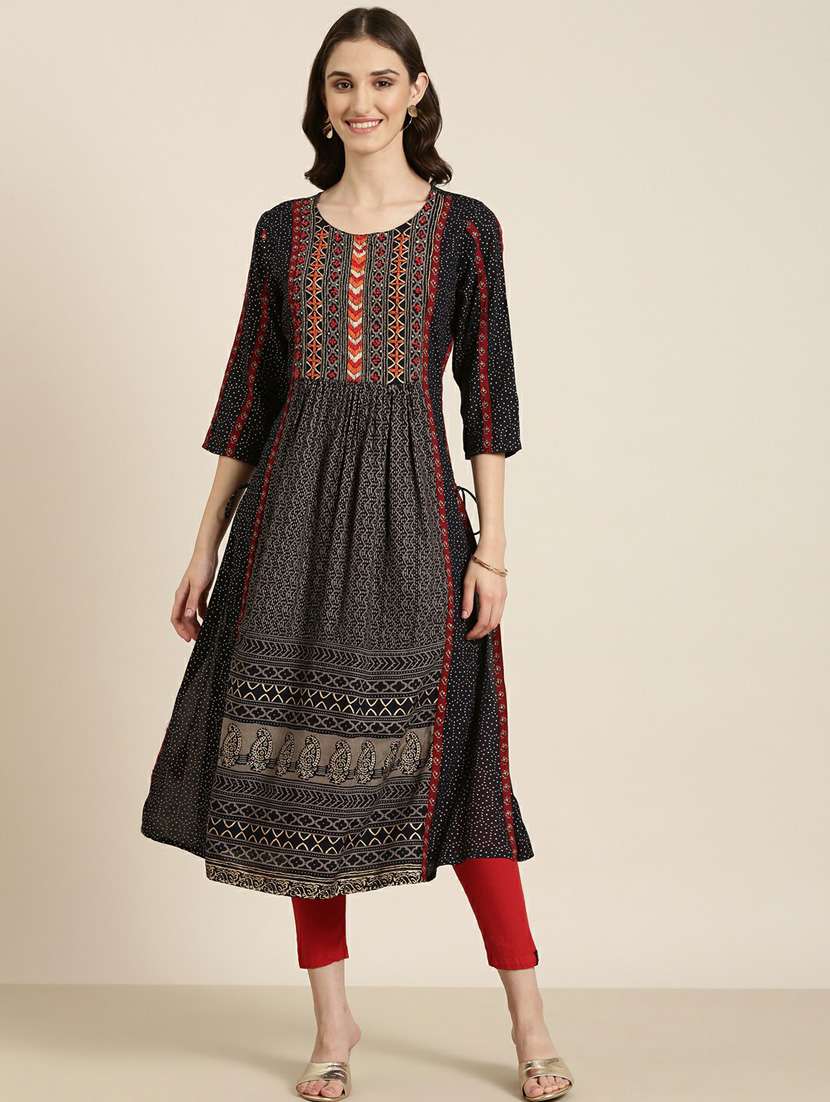 women's navy blue round neck flared kurta - 20252247 -  Zoom Image - 0