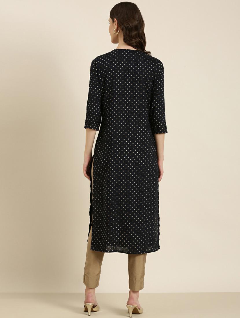women's black round neck straight kurta - 20252248 - Standard Image - 2