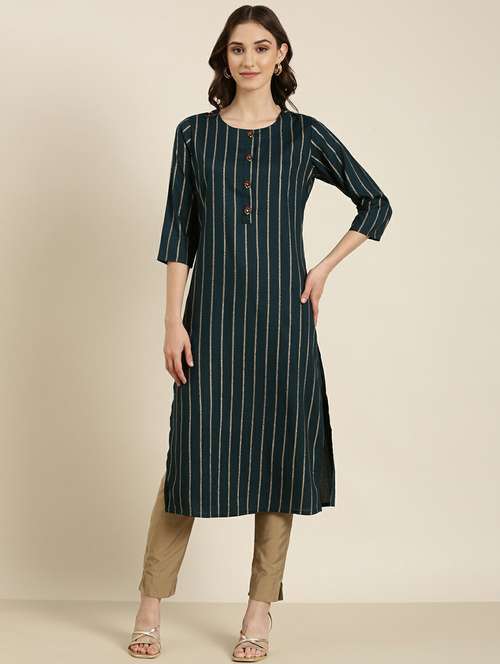 women's teal round neck straight kurta - 20252249 - Standard Image - 0
