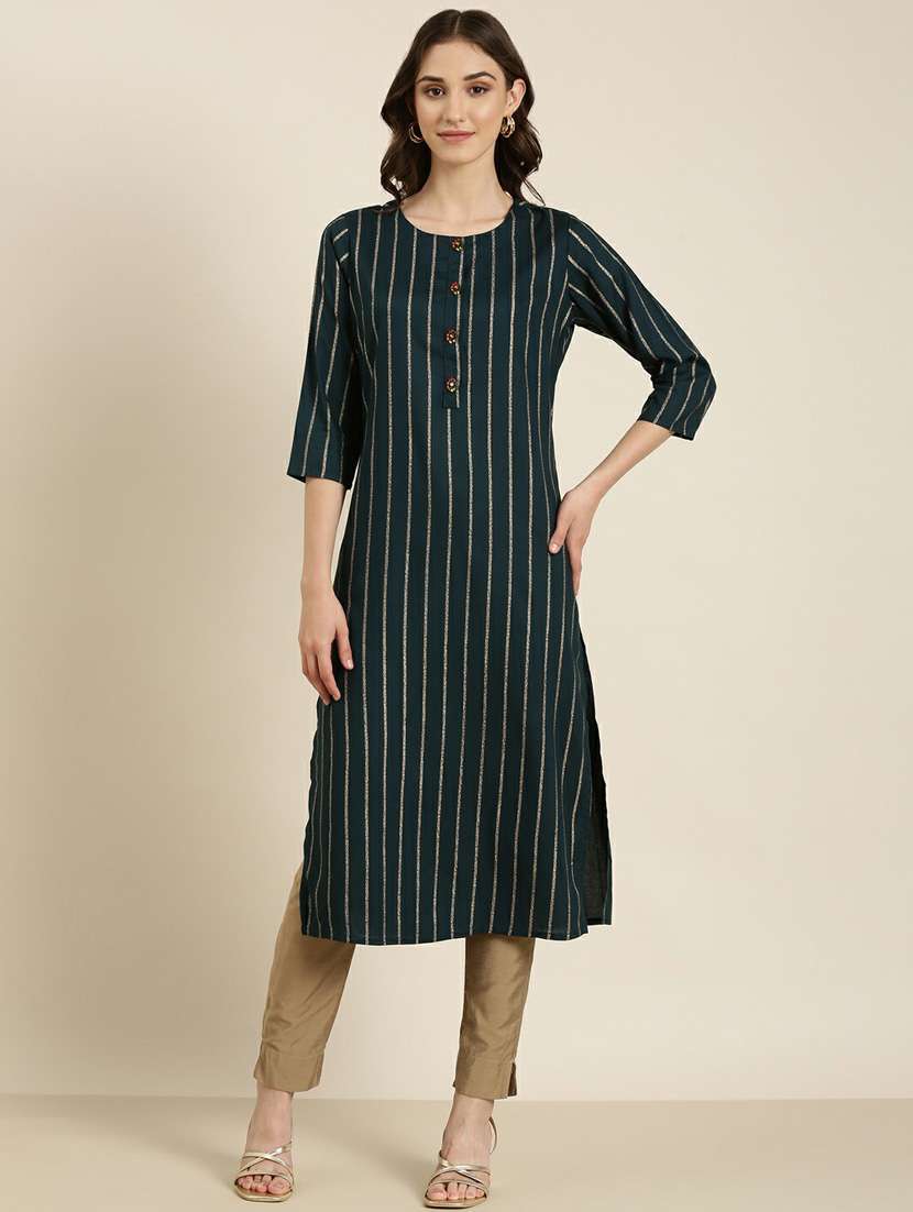 women's teal round neck straight kurta - 20252249 - Zoom Image - 0
