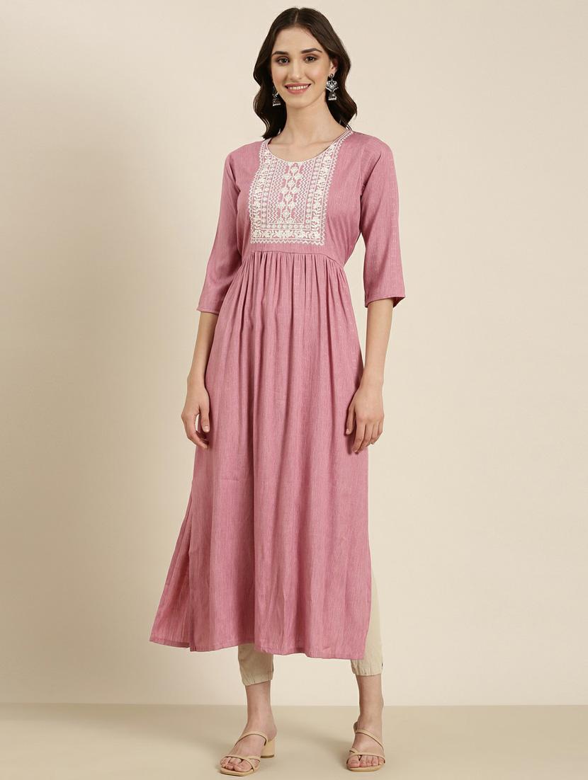 women's pink round neck flared kurta - 20252250 - Zoom Image - 0