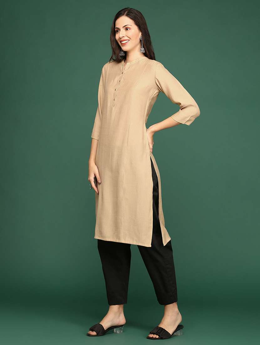 women's beige mandarin neck straight kurta - 20252253 -  Standard Image - 2