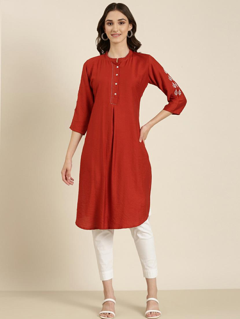 women's rust mandarin neck straight kurta - 20252254 - Zoom Image - 0