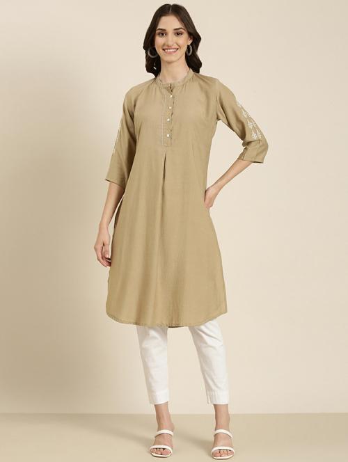 women's beige mandarin neck straight kurta - 20252255 - Standard Image - 0