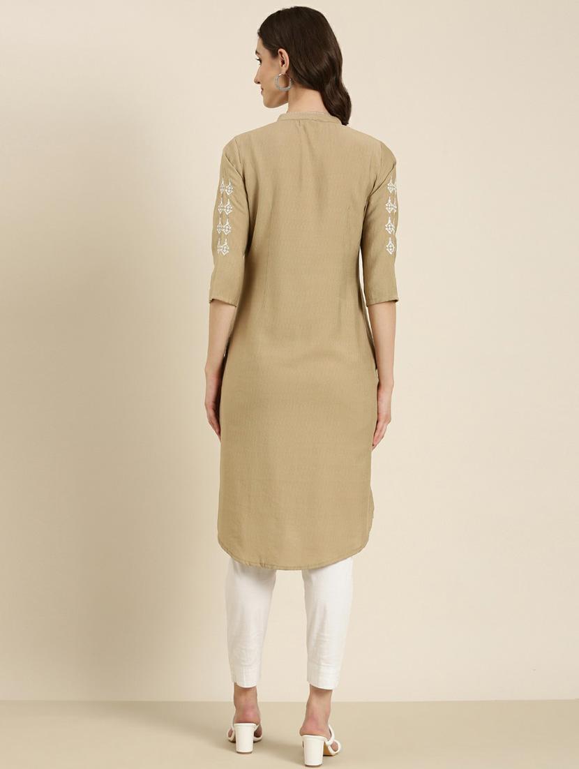 women's beige mandarin neck straight kurta - 20252255 - Standard Image - 2