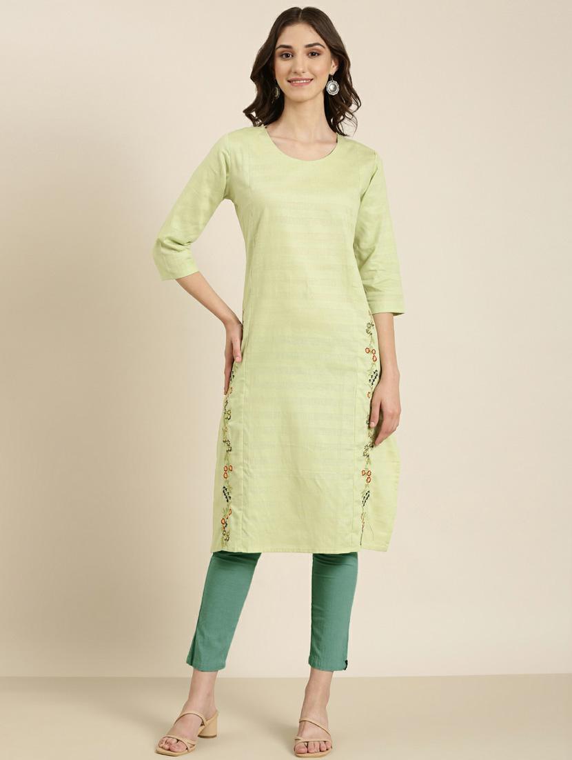 women's lime green round neck straight kurta - 20252258 -  Zoom Image - 0