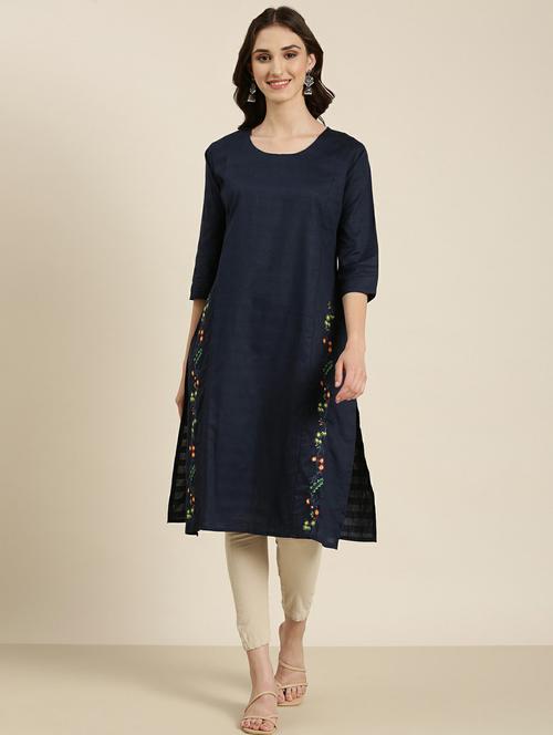 navy cotton straight kurta - 20252261 -  Standard Image - 0