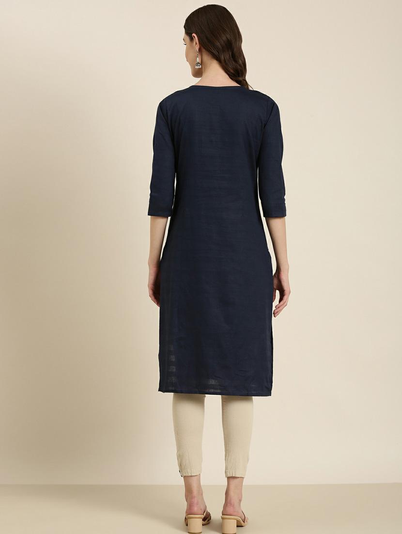 navy cotton straight kurta - 20252261 - Standard Image - 2