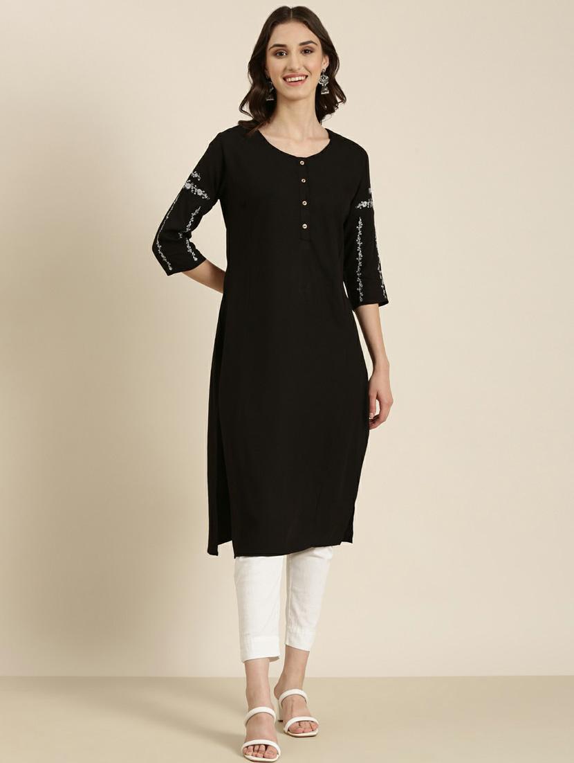 women's black round neck straight kurta - 20252262 -  Zoom Image - 0