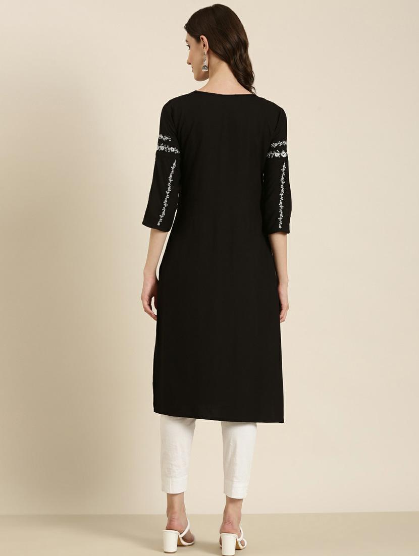 women's black round neck straight kurta - 20252262 - Standard Image - 2