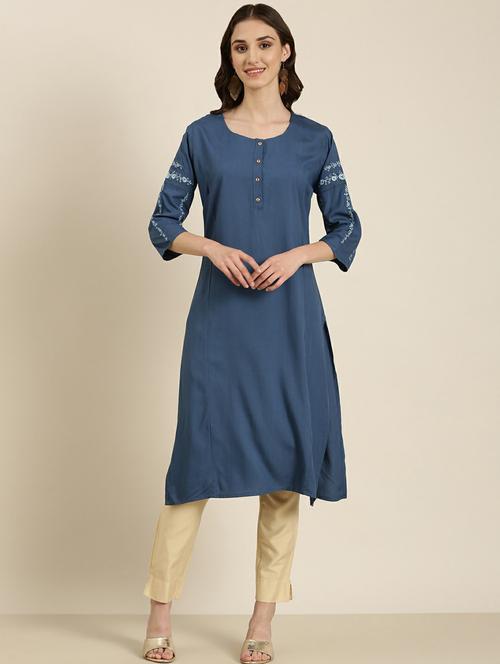women's blue round neck straight kurta - 20252263 -  Standard Image - 0