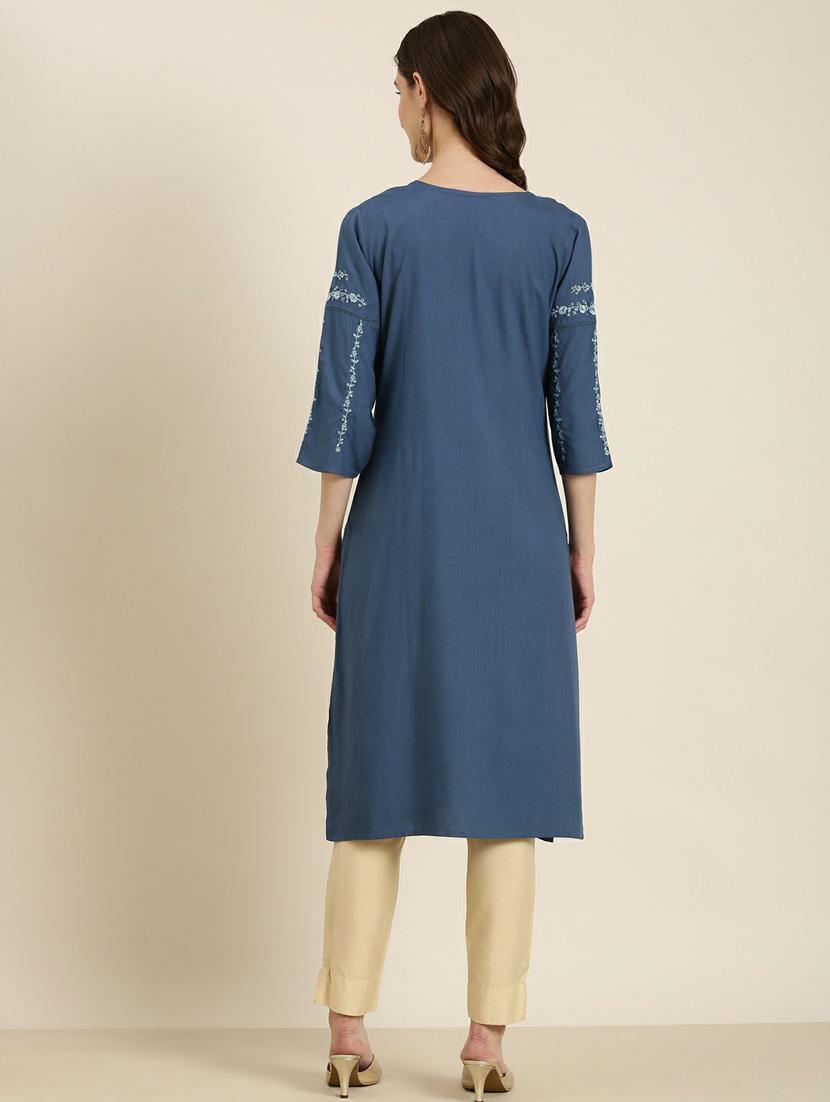 women's blue round neck straight kurta - 20252263 - Standard Image - 2