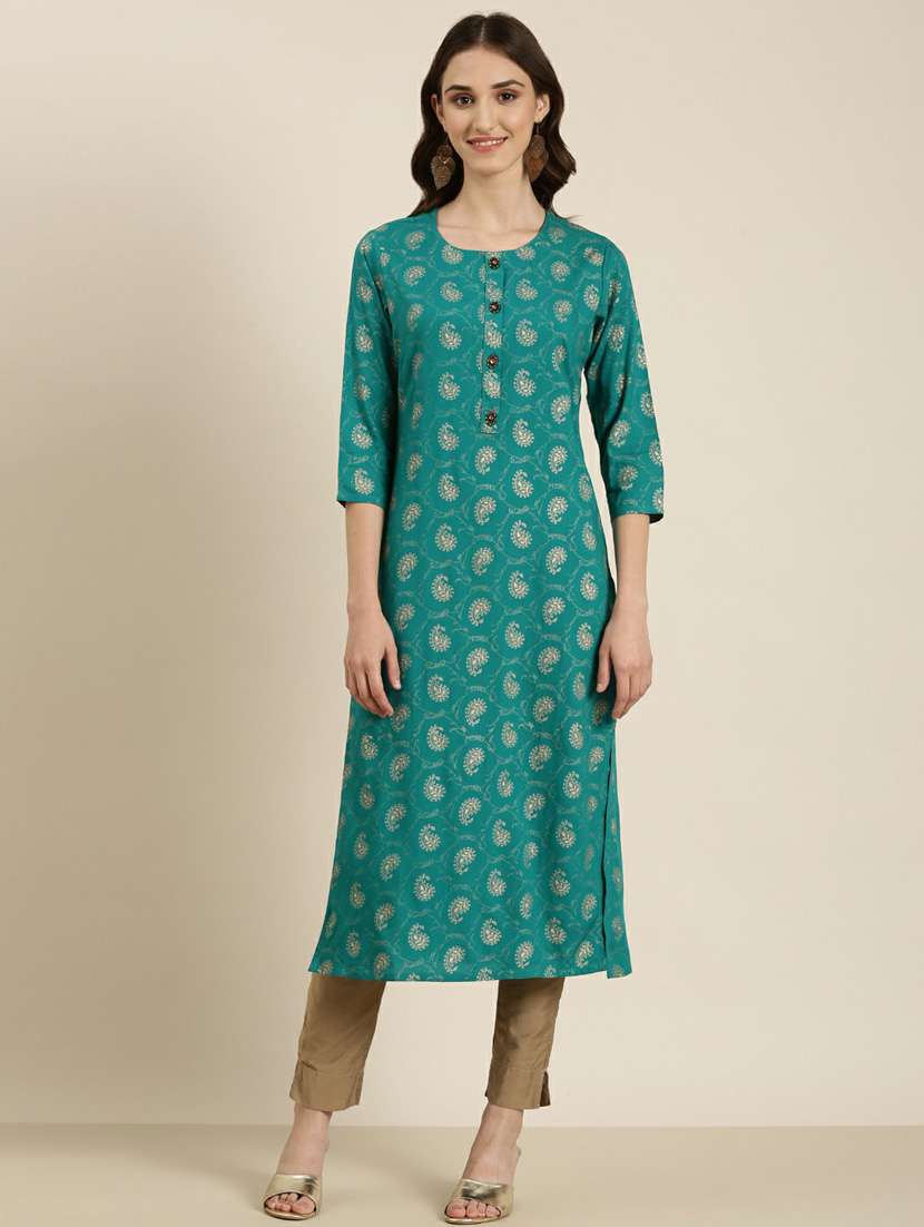 women's teal round neck straight kurta