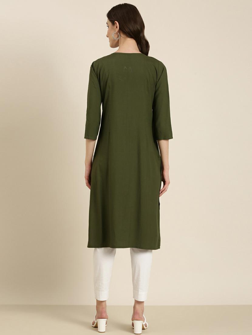 women's olive round neck straight kurta - 20252267 - Standard Image - 2