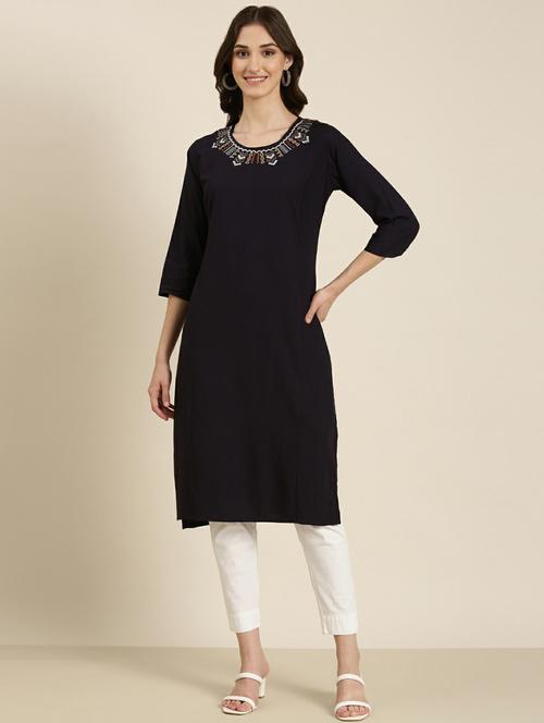 women's navy blue round neck straight kurta - 20252268 -  Standard Image - 0