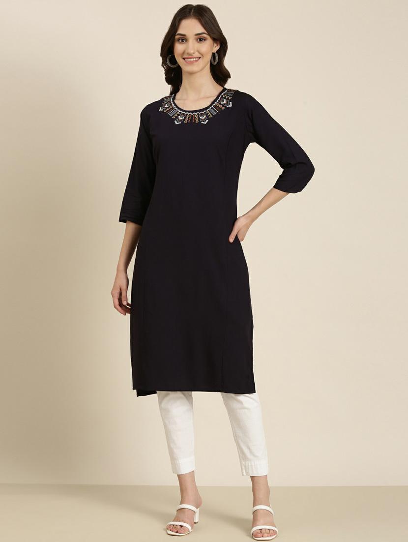 women's navy blue round neck straight kurta - 20252268 -  Zoom Image - 0