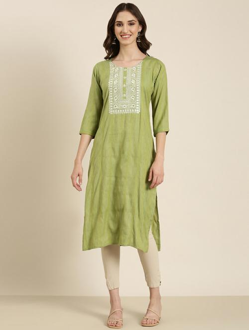 women's green round neck straight kurta - 20252269 - Standard Image - 0