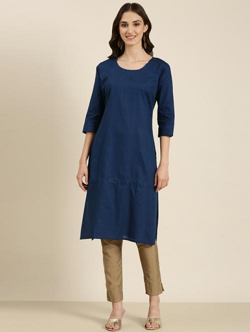 women's blue round neck straight kurta - 20252282 - Standard Image - 0